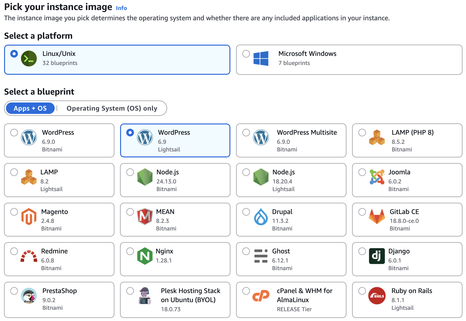 Elija WordPress como imagen de instancia de Lightsail