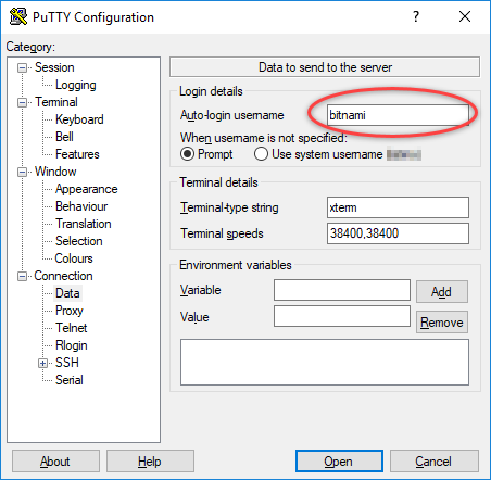 Nombre de usuario de la instancia en PuTTY.