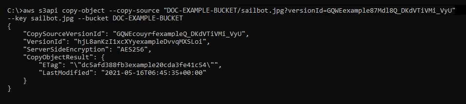 Resultado del AWS CLI copy-object-version comando