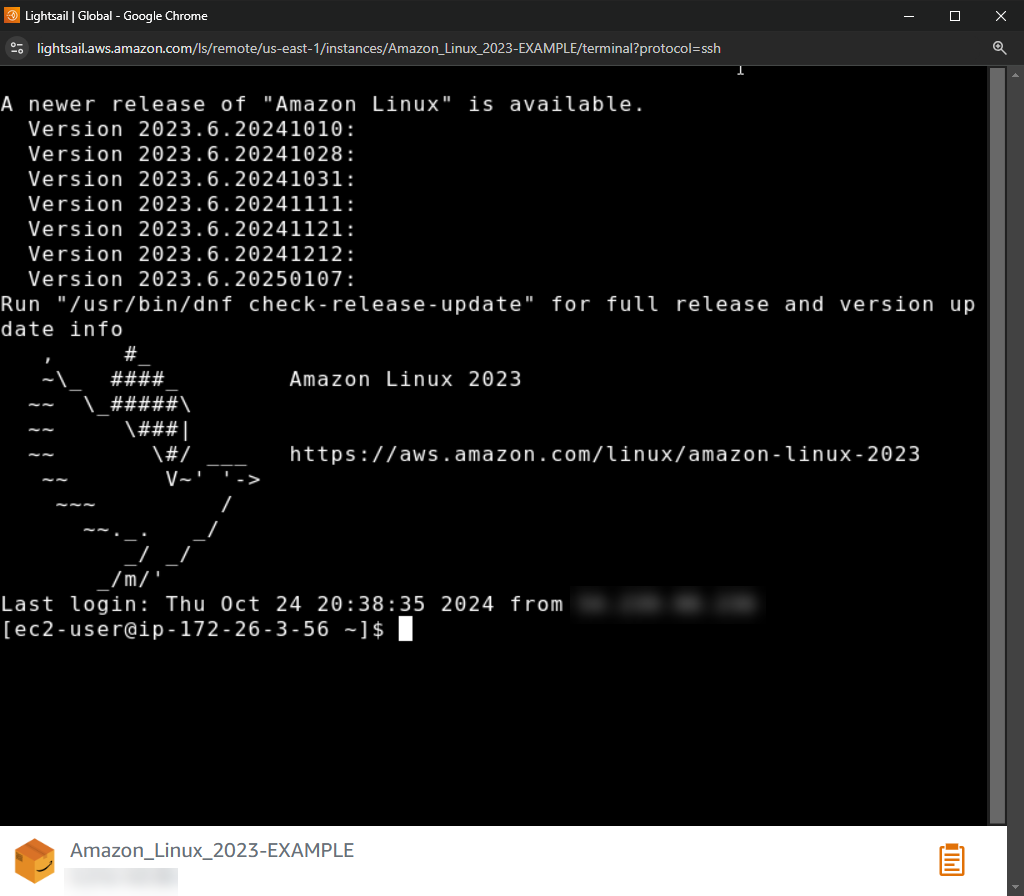 Cliente SSH basado en navegador en Lightsail.