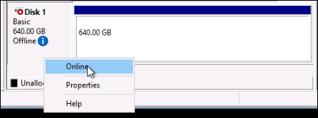 Disco sin conexión en una instancia de Windows.
