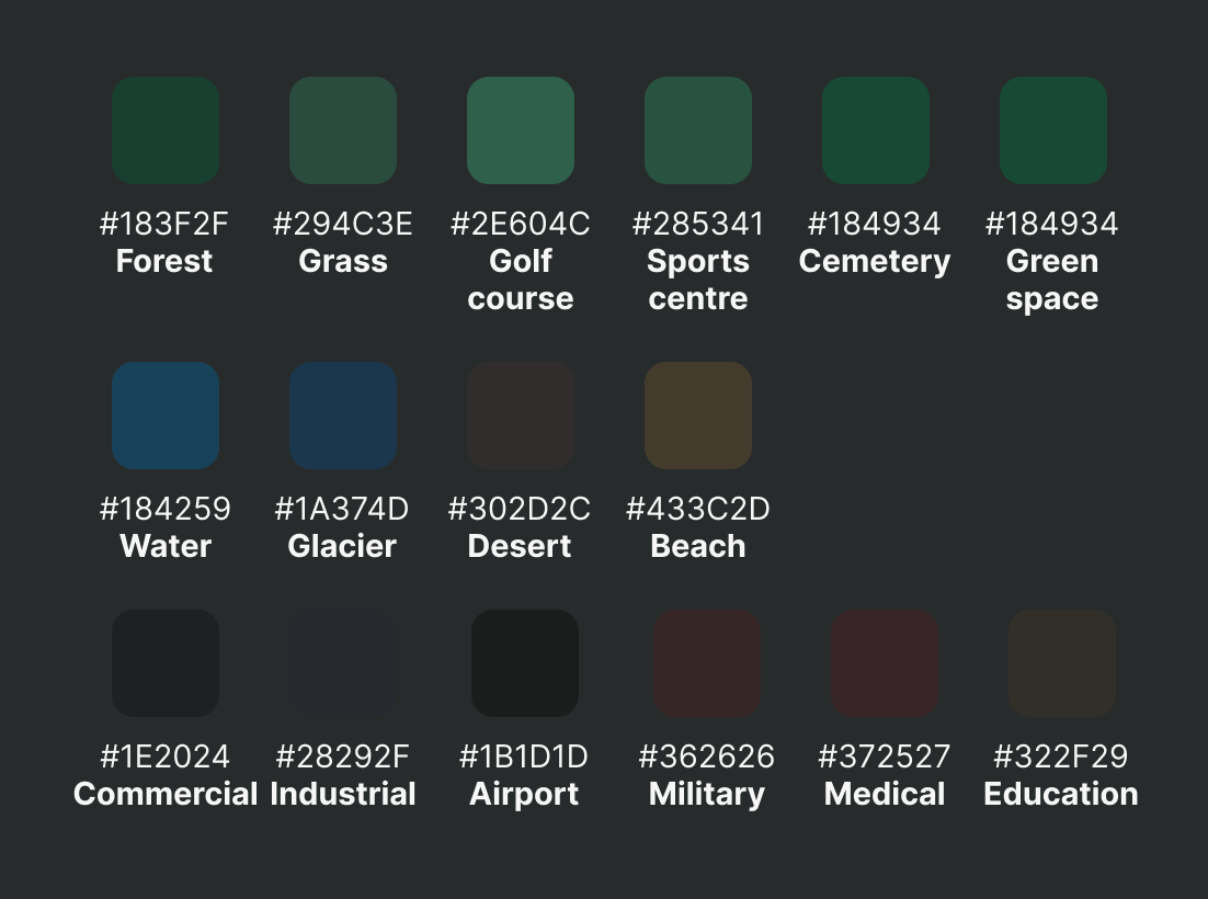 Color-coded squares representing various land uses with corresponding hex codes and labels.