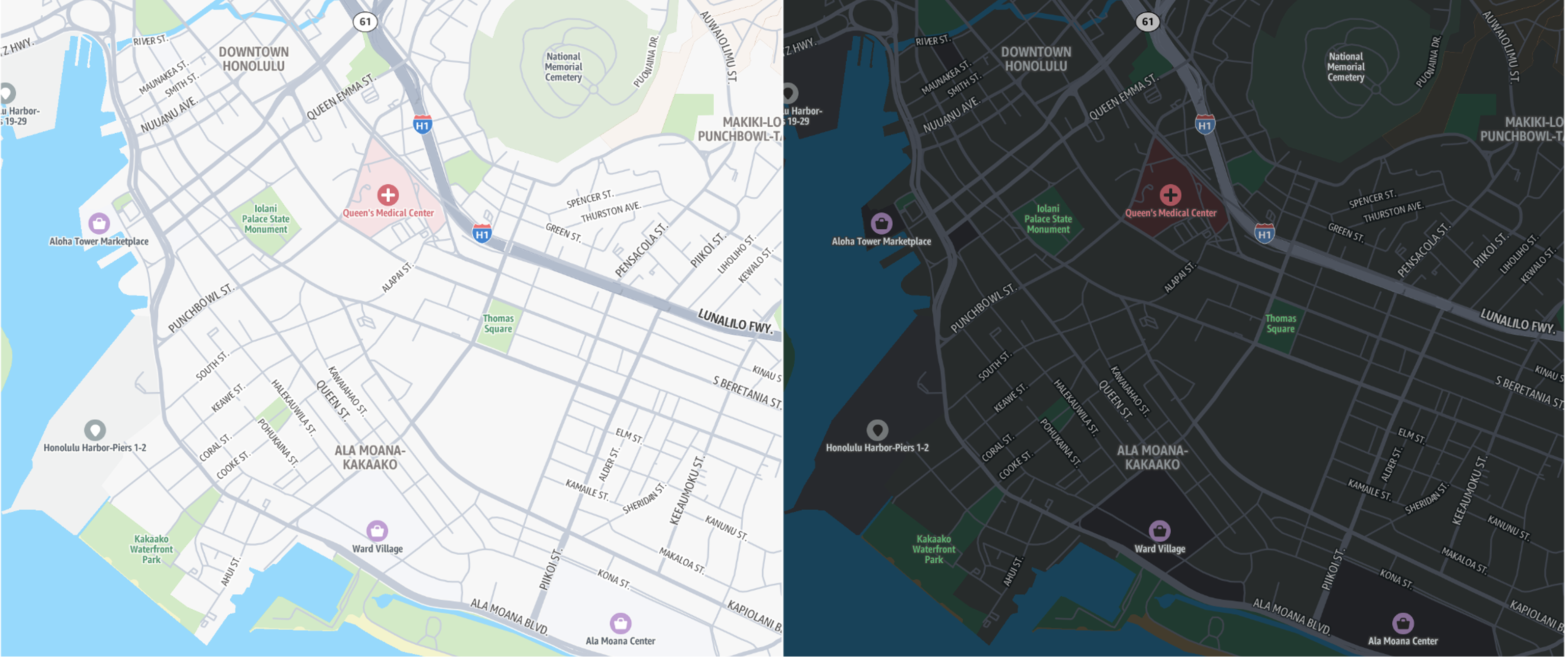 Map of downtown Honolulu showing streets, landmarks, and neighborhoods in light and dark modes.