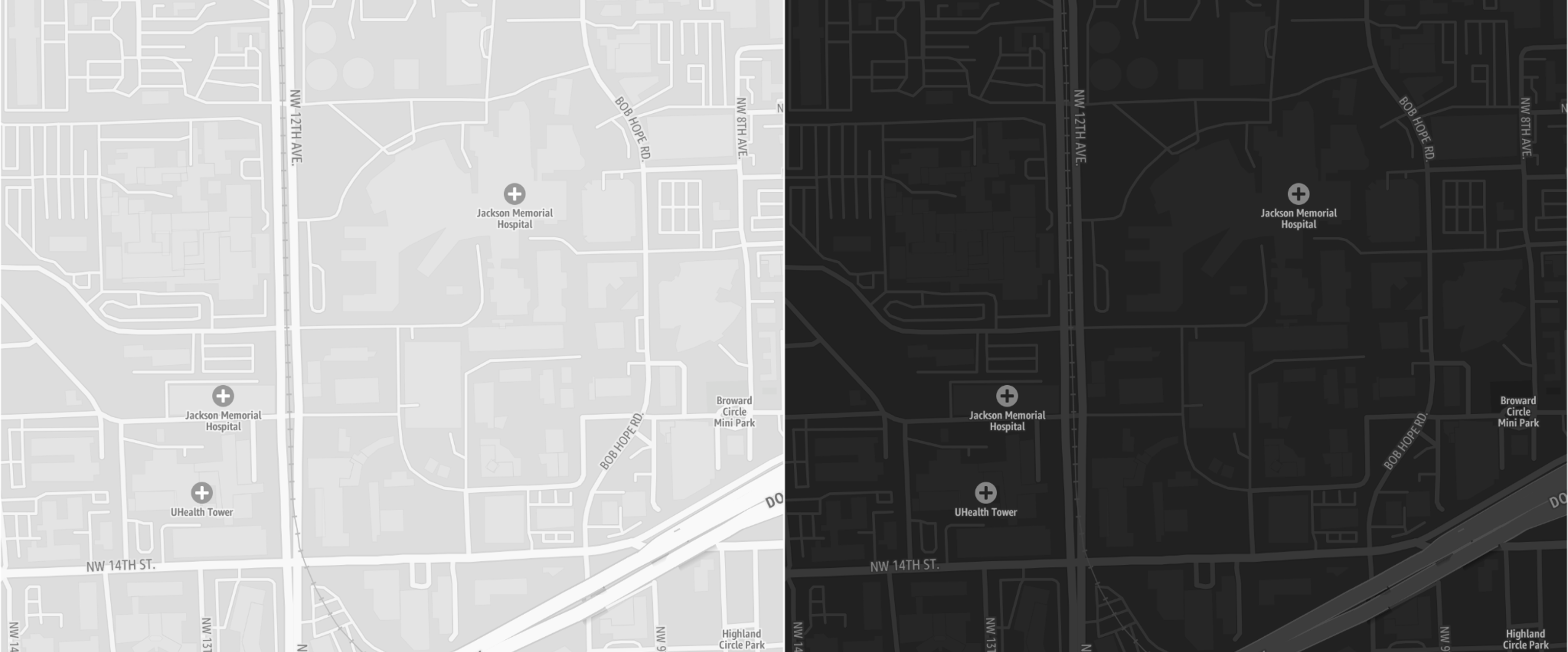 Map showing Jackson Memorial Hospital, UHealth Tower, and nearby streets in light and dark modes.