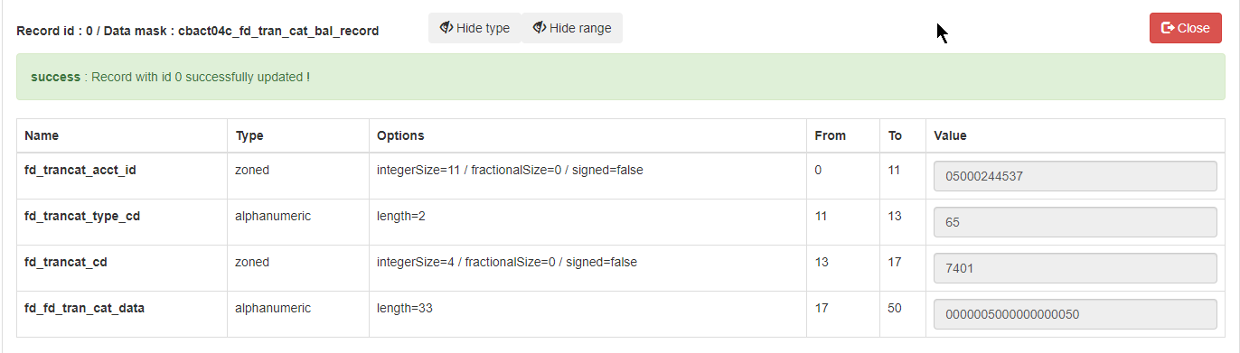 Data mask record details showing fields, types, options, and values in a table format.