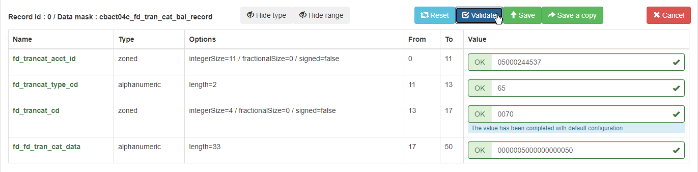 Data mask interface showing record fields, types, options, and values for a transaction category.