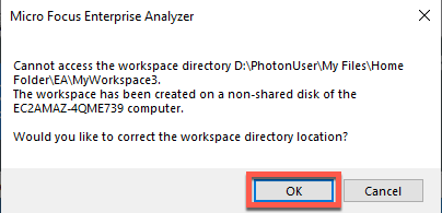 Mensaje de error de Enterprise Analyzer "Cannot access the workspace directory" con la opción Aceptar seleccionada.