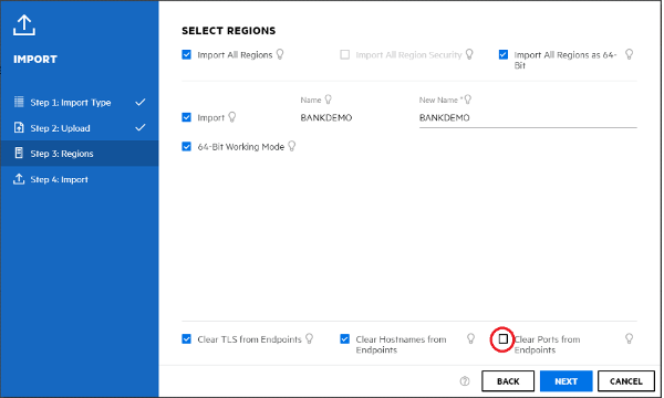 Cuadro Select Regions con la opción Clear Ports from Endpoints no seleccionada.