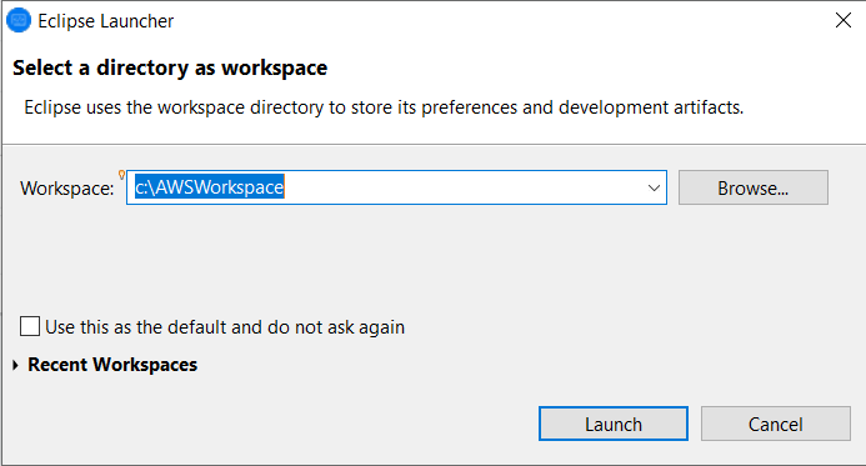 Lanzador de Eclipse con un espacio de trabajo seleccionado.