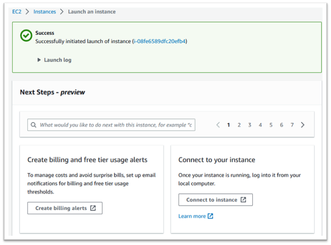 Mensaje de lanzamiento correcto de la instancia.