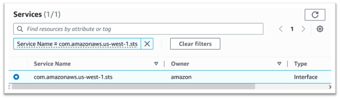 Servicios con el servicio AWS STS de interfaz seleccionado.