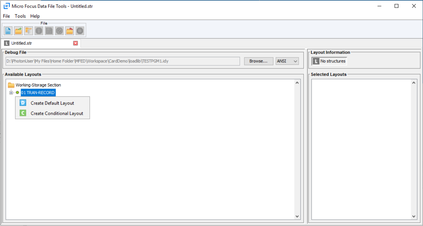 Ubicación de los comandos de diseño en las herramientas de archivos de datos de Micro Focus.