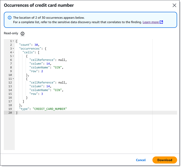 Los datos de ubicación, en formato JSON, para dos apariciones de números de tarjetas de crédito en un objeto de S3.