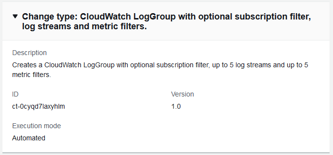 CloudWatch LogGroup details showing ID, version, and execution mode for log streams and metric filters.