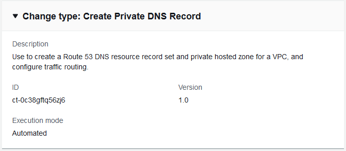 Cambio type details for creating a private DNS record, including description and execution mode.