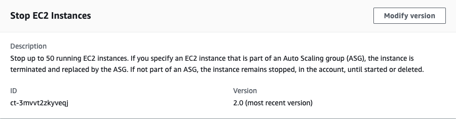 Descripción of EC2 instance stopping functionality, with ID and version details.