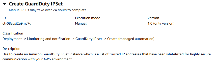 Create GuardDuty IPSet interface showing description, ID, and version details.
