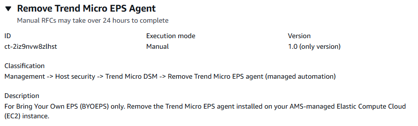 Consola AMS Advanced, creación de una sección de RFC, cuadro de detalles del tipo de cambio para ct-2iz9nvw8zlhst: eliminar el agente EPS de Trend Micro (automatización gestionada).