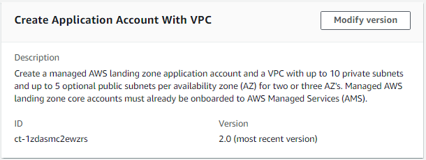 Application account creation interface with description, ID, and version details.