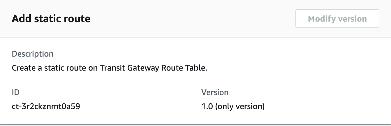 Interface for adding a static route to Transit Gateway Route Table, showing description and ID.
