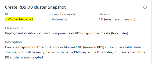 Create RDS DB clúster Snapshot interface showing ID, execution mode, and description.