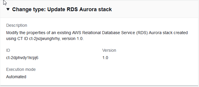 Cambio type details for updating an RDS Aurora stack, including description and execution mode.