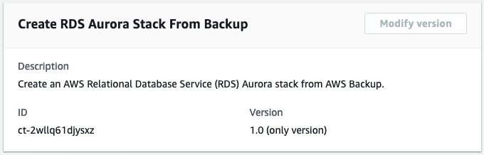 Details of an AWS RDS Aurora stack creation from backup, showing ID and version.