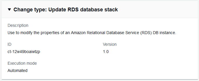 Cambio type details for updating an Amazon RDS database stack, including ID and version.