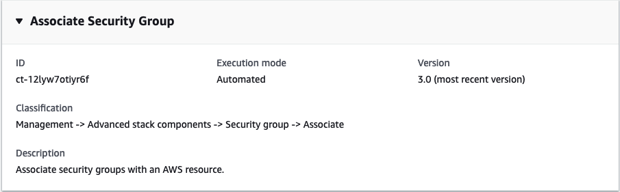 Associate Security Group details showing ID, execution mode, version, and description.