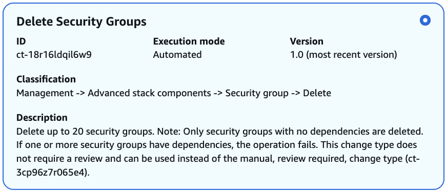 Cambio type details for deleting security groups, including ID, mode, version, and description.