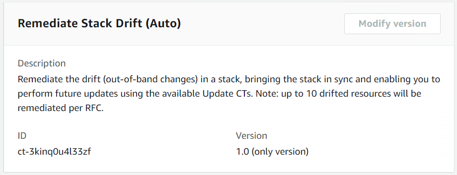 Descripción of Remediate Stack Drift change type with ID and version details.