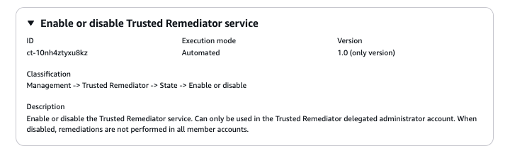 Trusted Remediator service configuration panel showing ID, execution mode, and description.