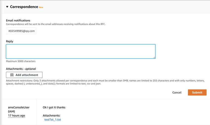 Sección de correspondencia que muestra el formulario de respuesta y la correspondencia recibida.