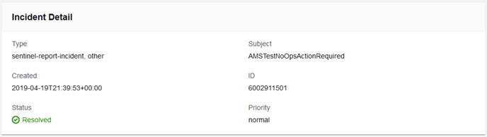 Incident detail card showing type, status, subject, ID, creation date, and priority.