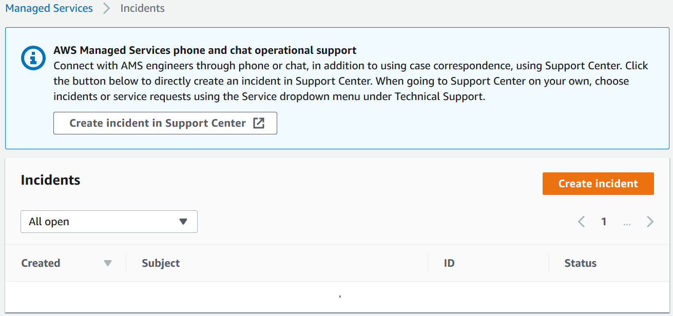 Incidents page with options to create an incident and view open incidents.