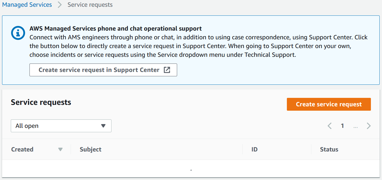 Service requests interface with options to create requests and view open requests.
