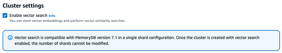 Al ver la configuración del clúster con la opción “Habilitar la búsqueda vectorial” marcada, se obtiene información sobre la compatibilidad con versiones y configuraciones específicas.
