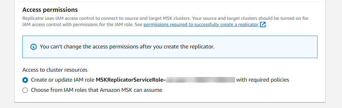 Consola de MSK para crear o actualizar el rol de IAM del replicador
