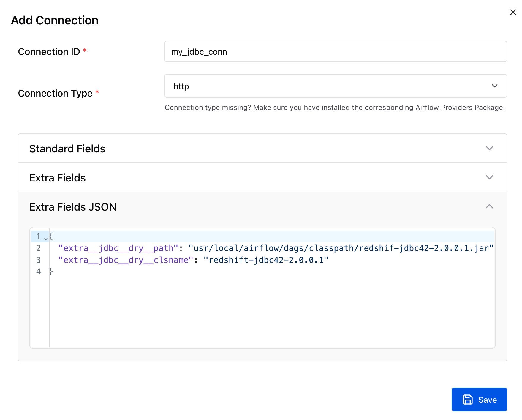 En esta imagen, se muestra el tipo de conexión HTTP para una conexión Jdbc en la UI de Apache Airflow.