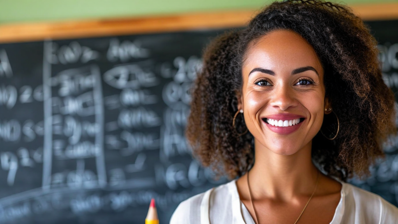 foto editorial de una profesora de pie con una cálida sonrisa frente a una pizarra