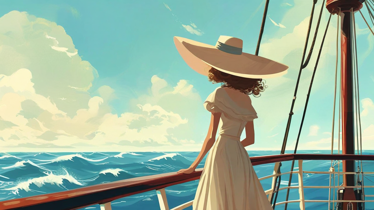 Ilustración de cuento etérea y fantástica en tonos suaves: una mujer con un sombrero grande de pie junto a la barandilla del barco mirando hacia el océano