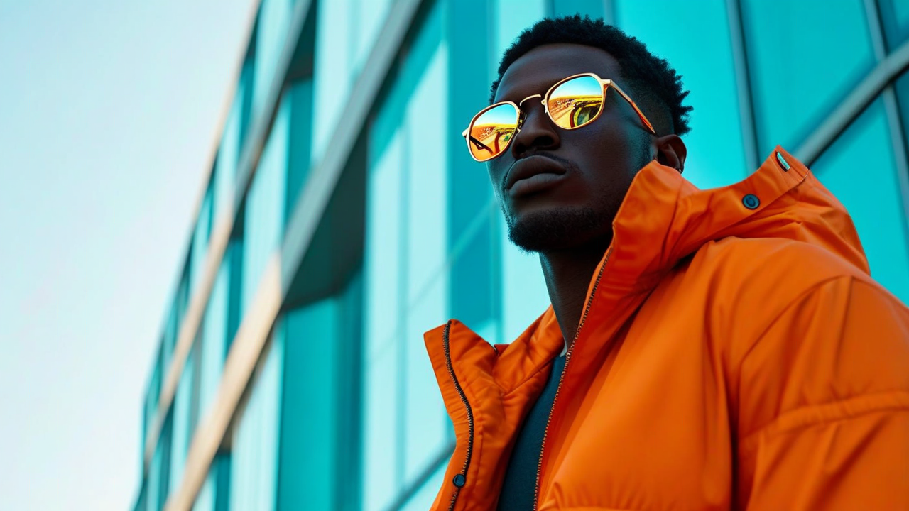 Un hombre elegante y atractivo con una chaqueta naranja, piel oscura y gafas de sol reflectantes. Toma desde un ángulo ligeramente bajo, con el rostro y el pecho a la vista, con elegantes formas de edificios de color azul aguamarina en el fondo.
