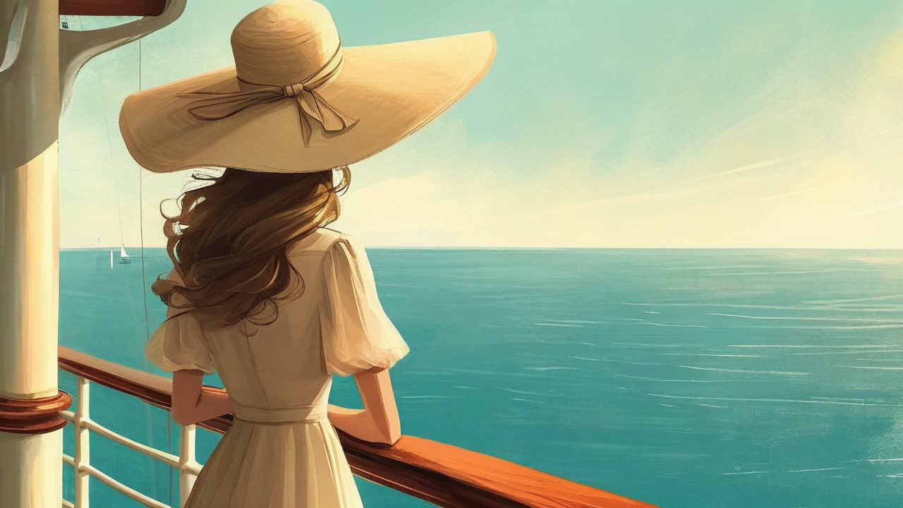 Ilustración de cuento etérea y fantástica en tonos suaves: una mujer con un sombrero grande de pie junto a la barandilla del barco mirando hacia el océano