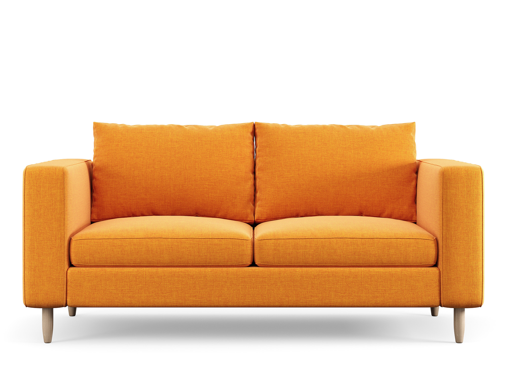 Un sofá naranja sobre un fondo blanco.