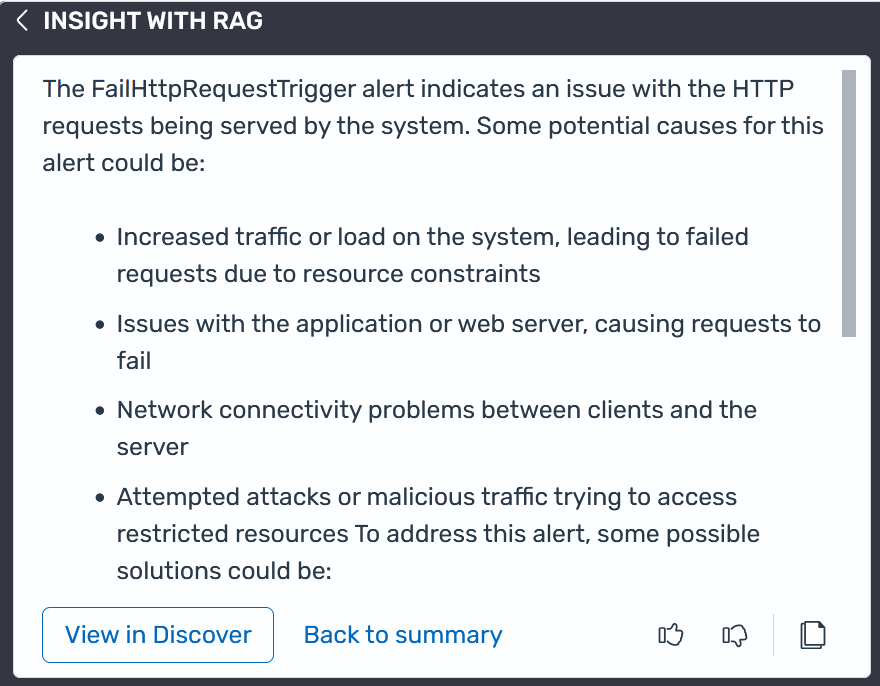 Un ejemplo de información sobre una alerta de AI Assistant en OpenSearch Service.