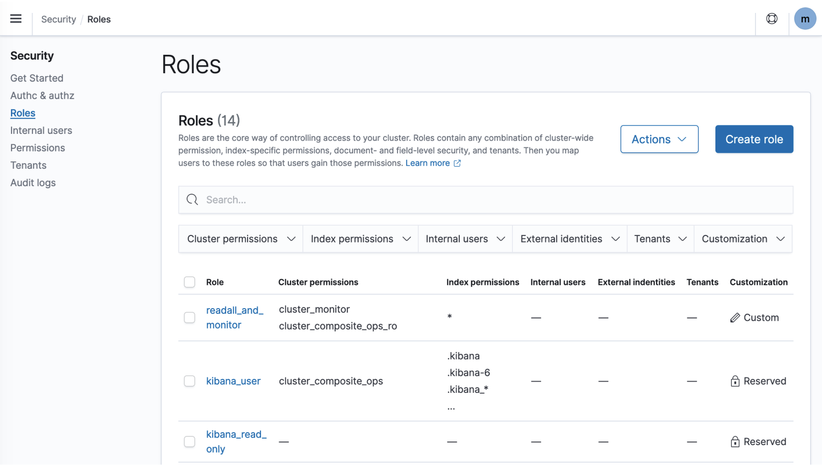 Página de inicio de seguridad en Dashboards