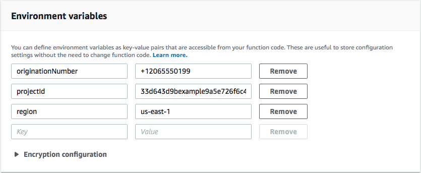 Las variables de entorno de originationNumber, projectId y region.