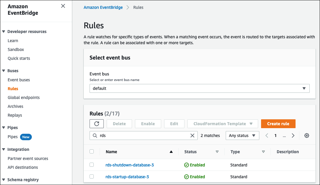 EventBridge reglas para que la instancia de base de datos se detenga y se inicie
