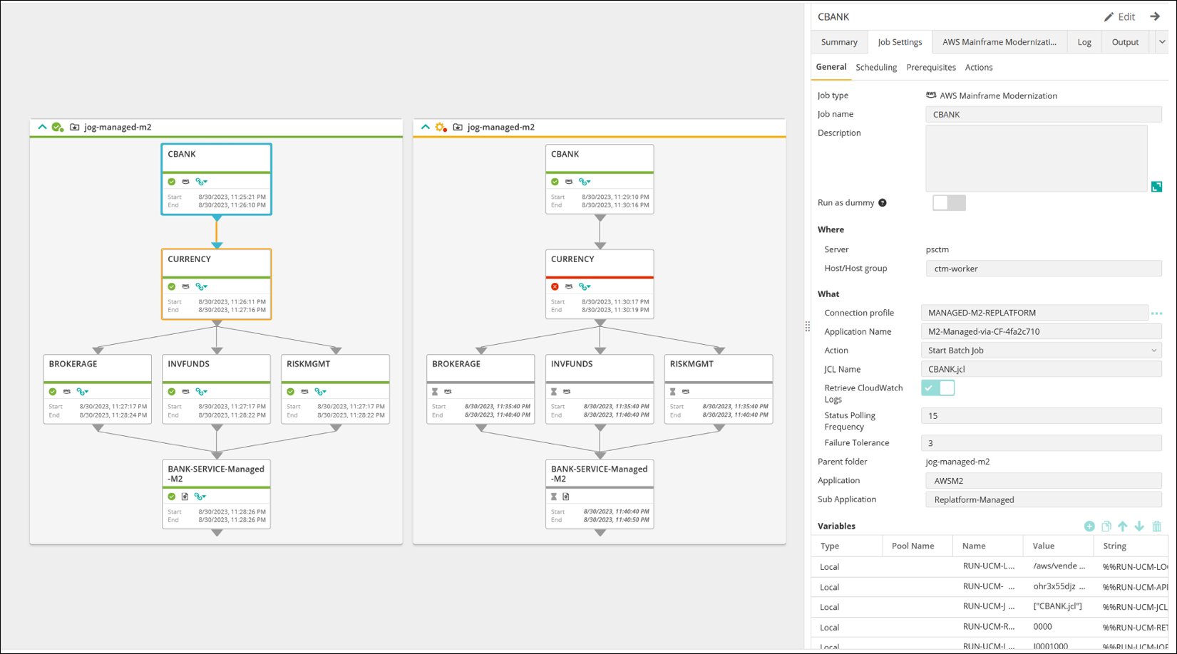 Los diagramas de los flujos de trabajo están a la izquierda y las propiedades de los trabajos a la derecha.
