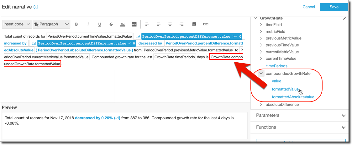 Editor de expresiones con lista de expresiones abierta.